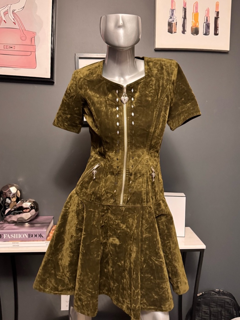 Green Velvet Goth Grunge Dress + Jacket Set - Picture 3 of 14
